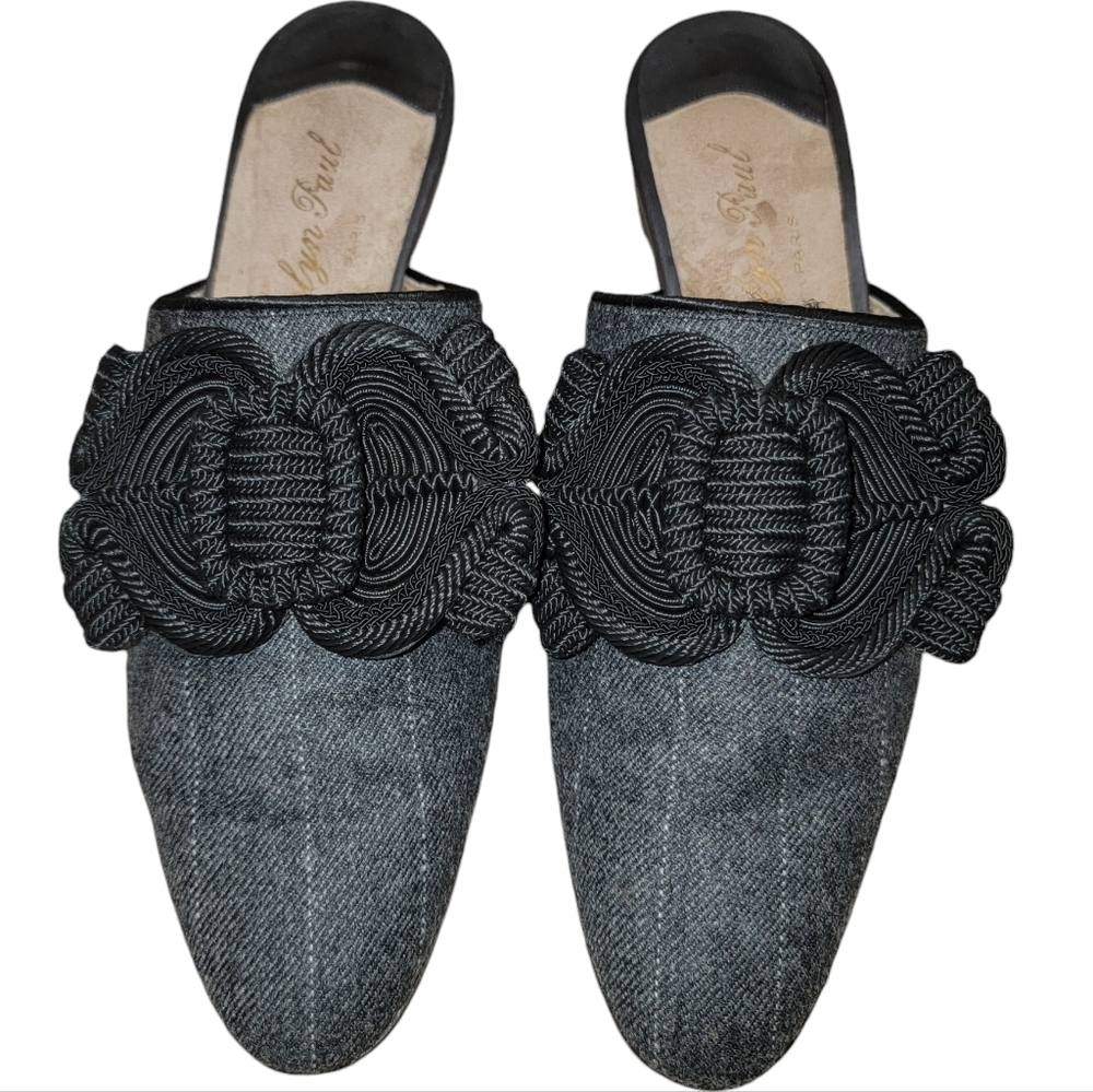 Evelyn Paul Grey Pinstripe Wool Mules Handcrafted